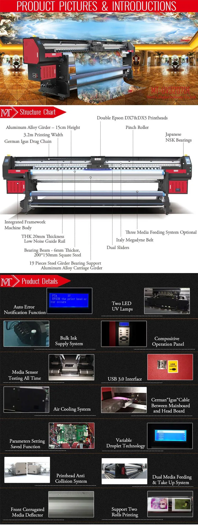 Mt Digital 3.2meters UV Inkjet Printer with Epson Dx5 Dx7 Print Head Mt-UV3207de