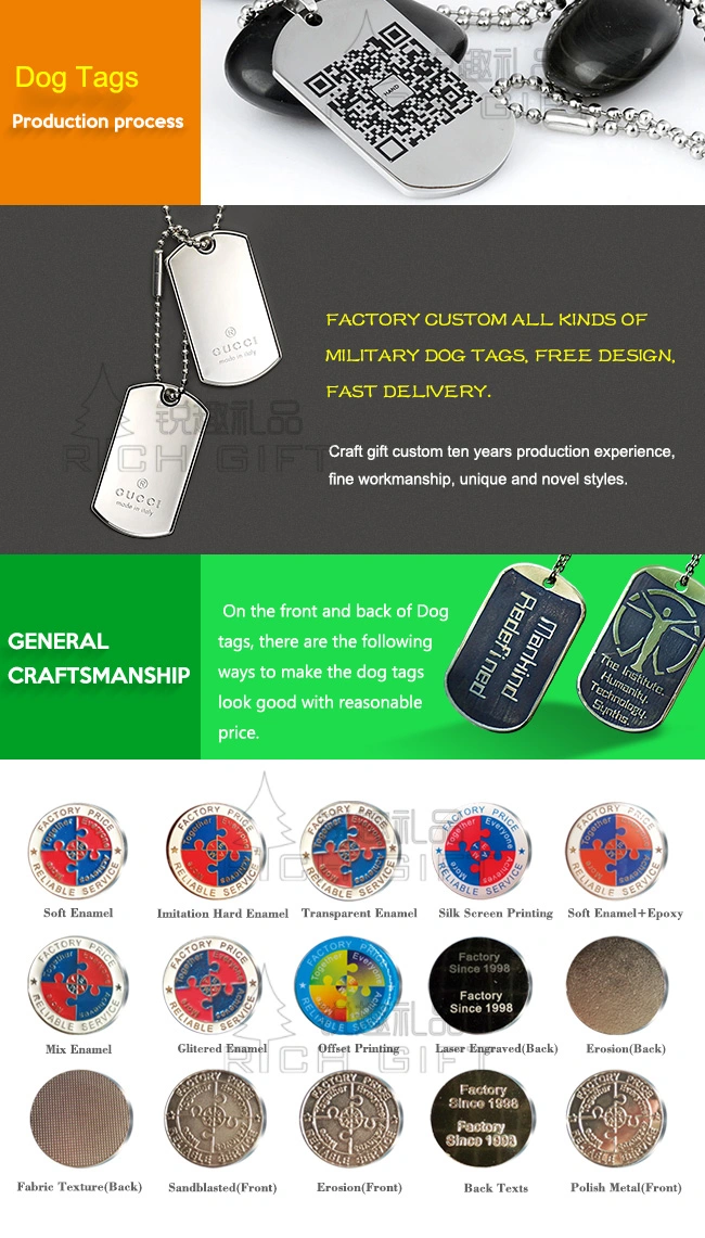 Promotion Wholesale Fashion Custom Stainless Steel Metal Military Name/Pet/ID/Dog Tag with Print Logo and Necklace