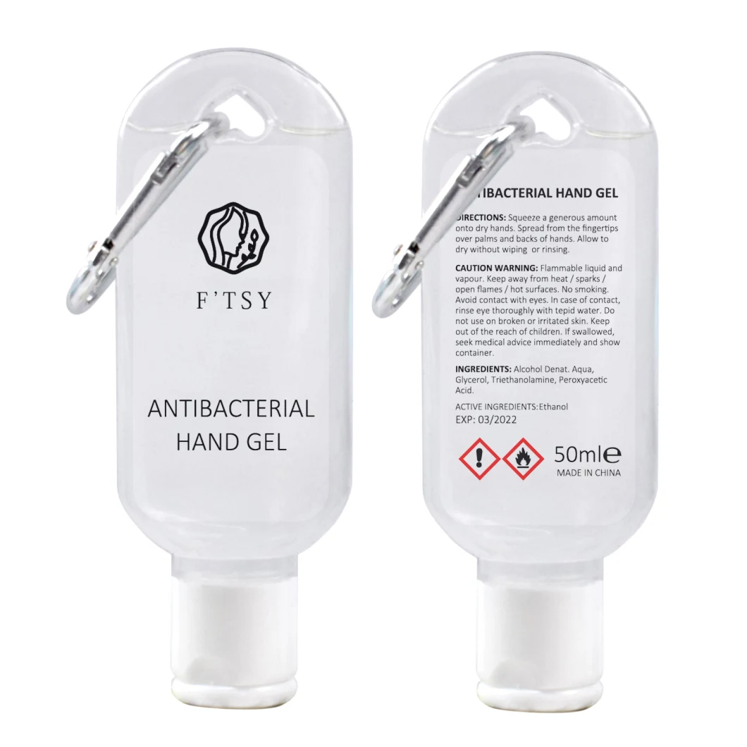 Private Label Pocket Size 50ml Alochol Anti Virus Hand Sanitiser Gel with Key Chain Clip Holder