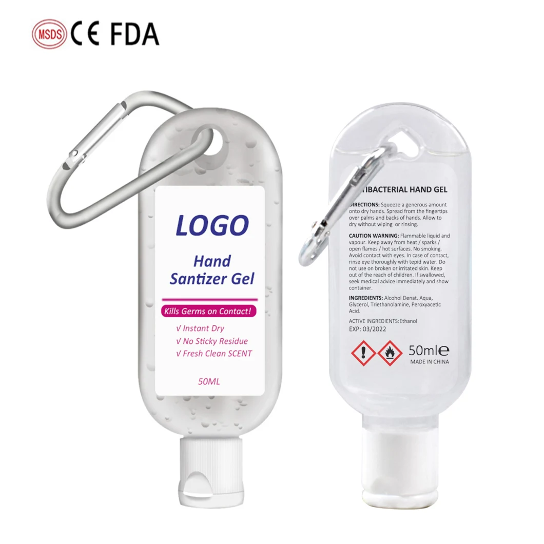 Private Label Pocket Size 50ml Alochol Anti Virus Hand Sanitiser Gel with Key Chain Clip Holder