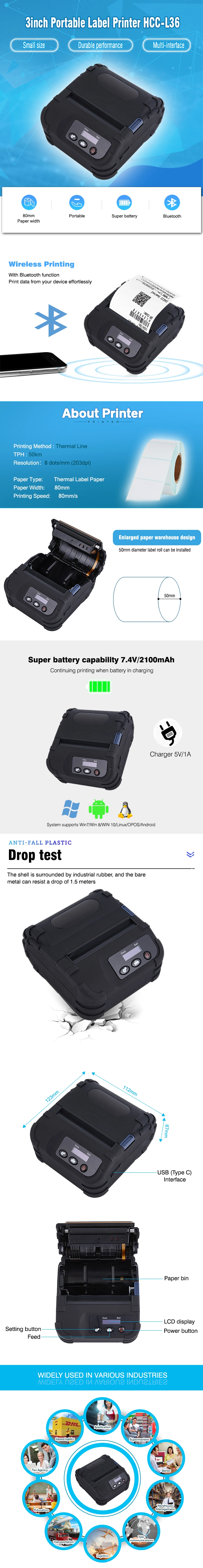 80mm Mobile Portable Thermal Bluetooth Label Barcode Sticker Printer with Large Paper Diameter