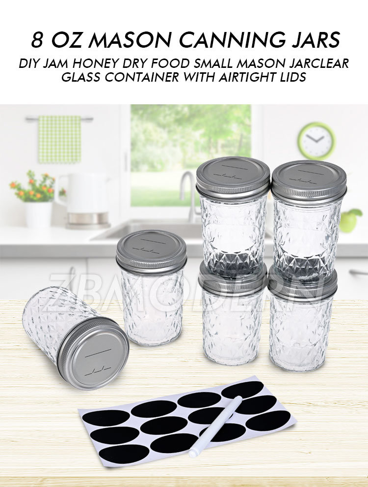 6 Pack Clear Glass Container Mason Jars 8 Oz Mini Canning Jars Airtight Regular Silver Mouth DIY Jam Honey Food Labels Fermentation Kit