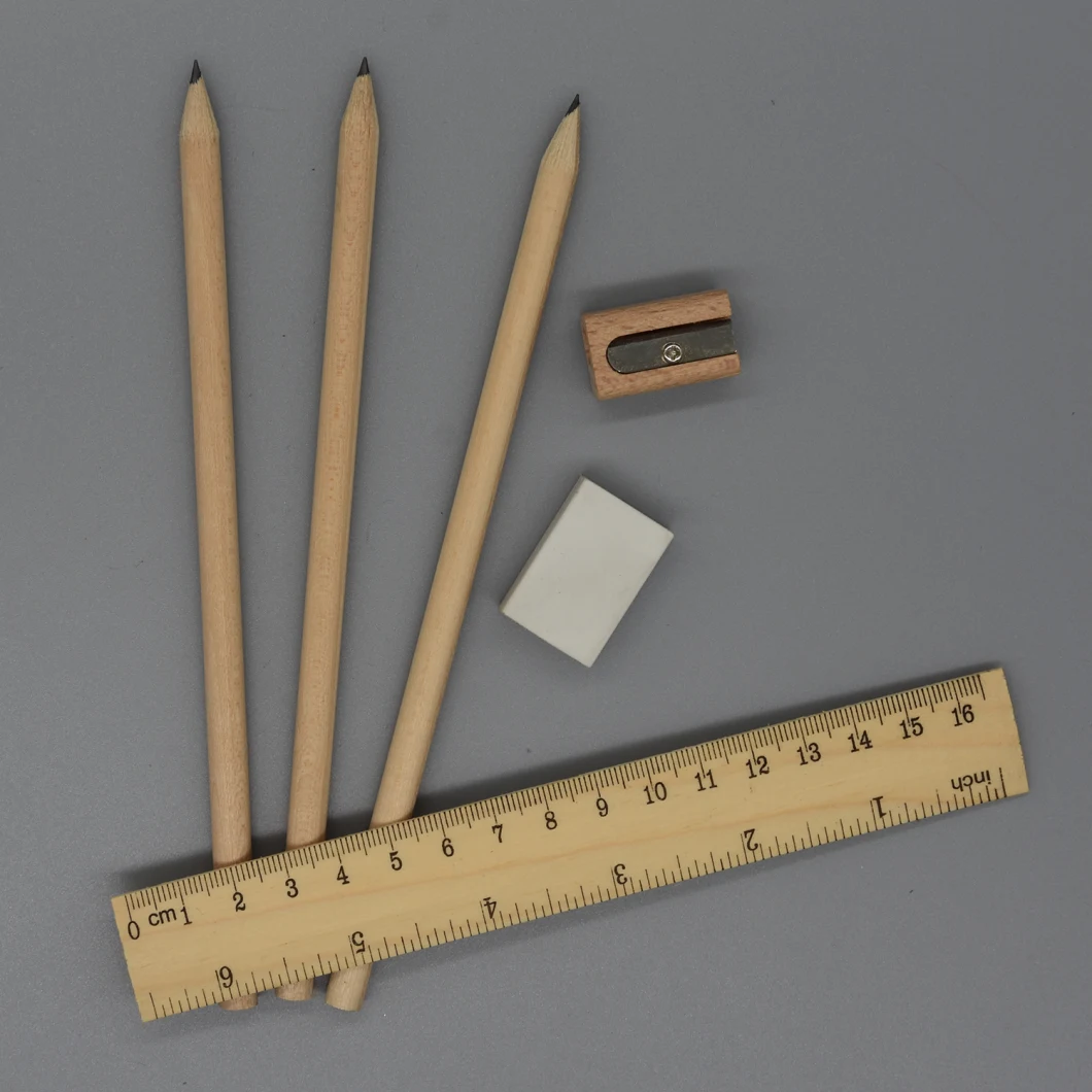 Stationery Set/ School Stationery with Pine Wood Ruler/Sharpener/Eraser and 3 PCS Natural Hb Pencil