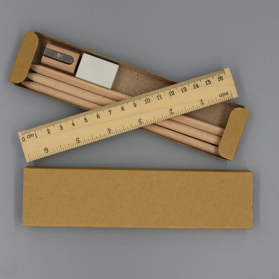 Stationery Set/ School Stationery with Pine Wood Ruler/Sharpener/Eraser and 3 PCS Natural Hb Pencil