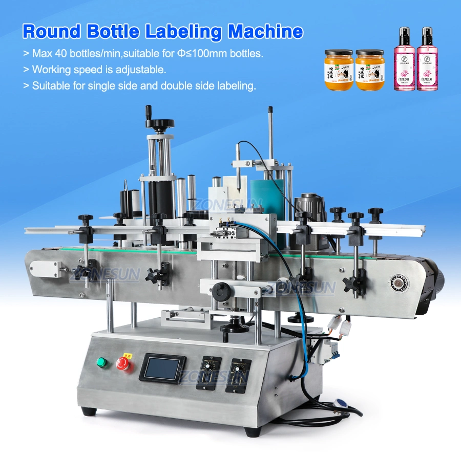 Zonesun Double Side Round Plastic Glass Bottle Label Applicator Positioning Labeling Machine