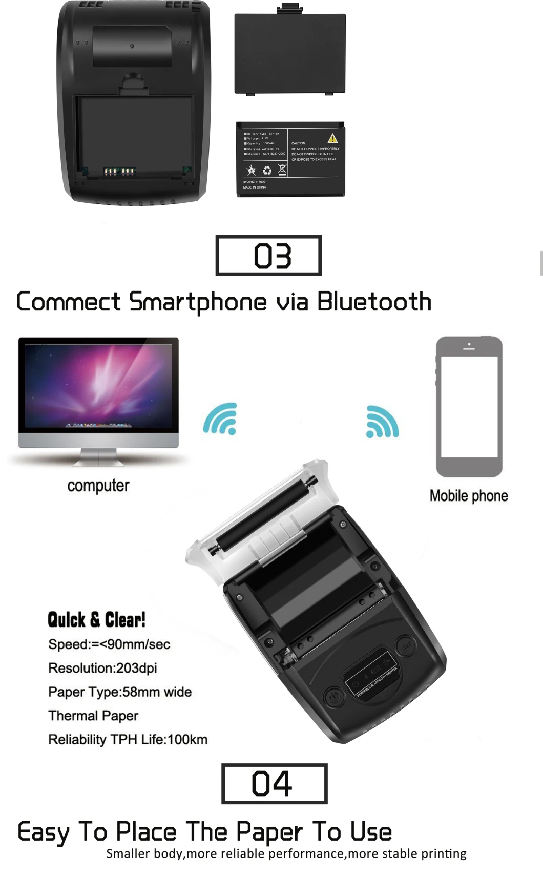 Bluetooth Mobile 58mm Thermal Receipt Printer, Portable Bluetooth & USB Label Receipt Printer, Support Android & Ios, Mj5808