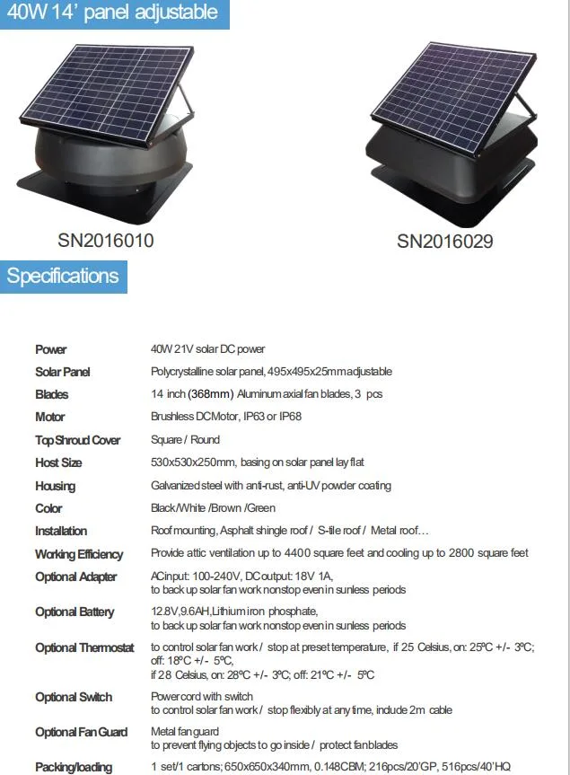 High Performance 40W Solar Powered DC Attic Ventilators PV Adjustable (SN2016029)