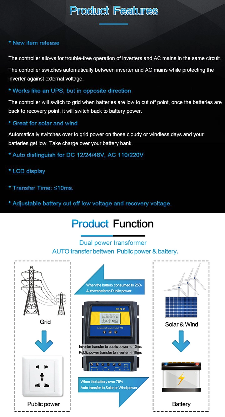 50A ATS Intelligent Automatic Transfer Switch Dual Power Transfer Switch Changeover Switch off Grid/Grid Transfer Solar/Grid Power Transfer Solar Wind System