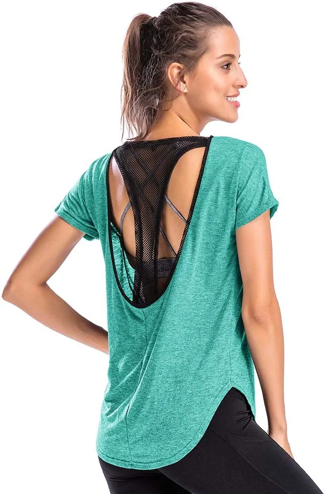 Workout Tops for Women Loose Fit Yoga Shirts Mesh Open Back Women Active Sports Running Clothing