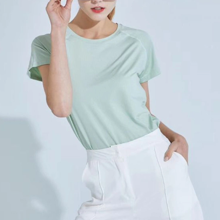 Solid Color Summer Round Neck Short Sport Cotton T-Shirt for Women