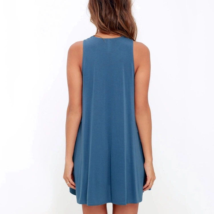 Fashion Women Light Blue Solid Soft and Stretchy Jersey Women Knitted Dress with Pockets Clothing