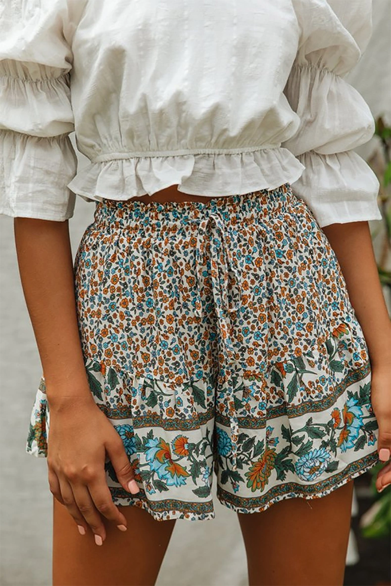 Estanla Women's Casual Shorts Loose Printed Pattern Lace Wide Leg Pants