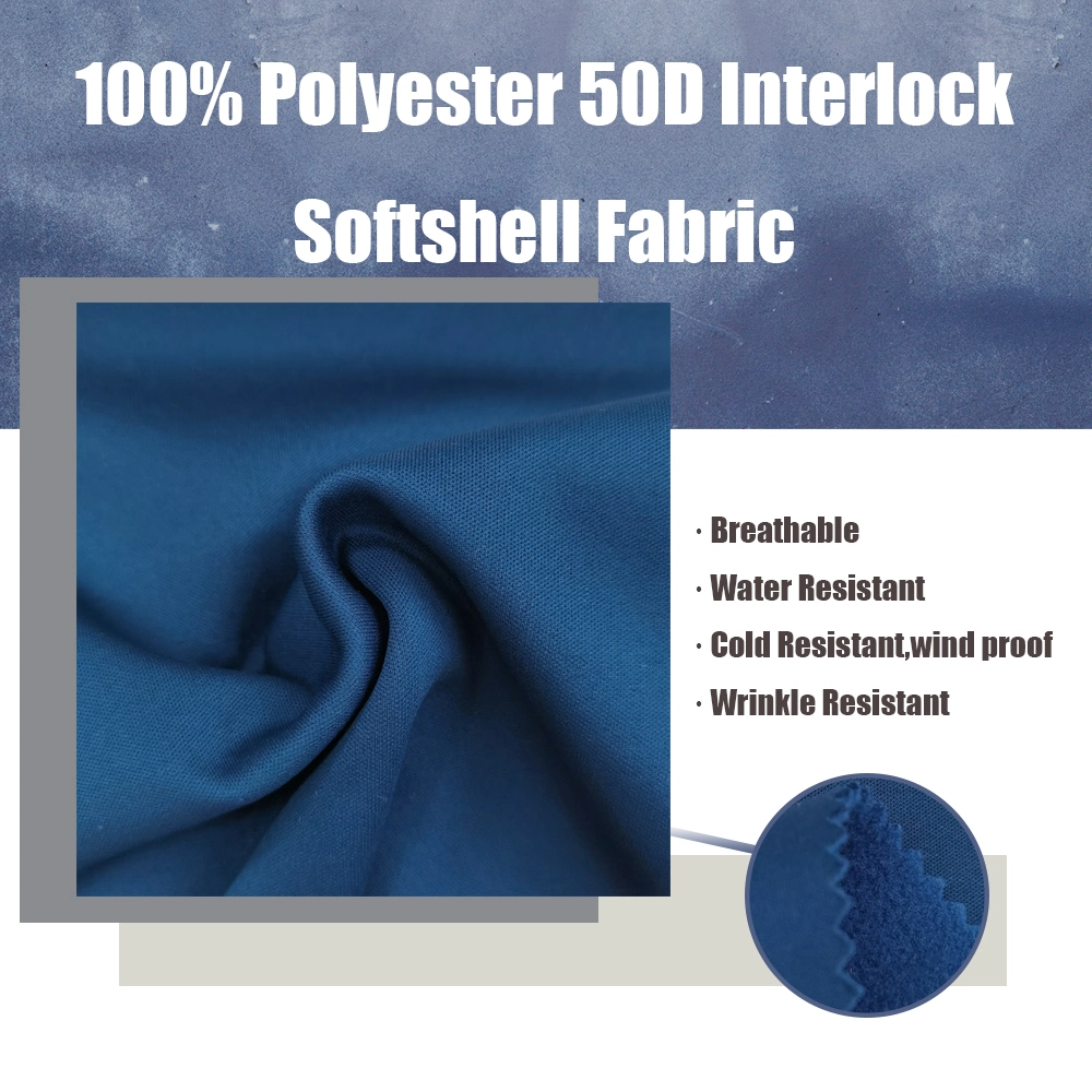 Breathable 3 Layers Waterproof 100% Polyester Stretch Knitted Fabric 50d Interlock Bonded with Microfleece Softshell Fabric with Membrane Garment Textile Fabric
