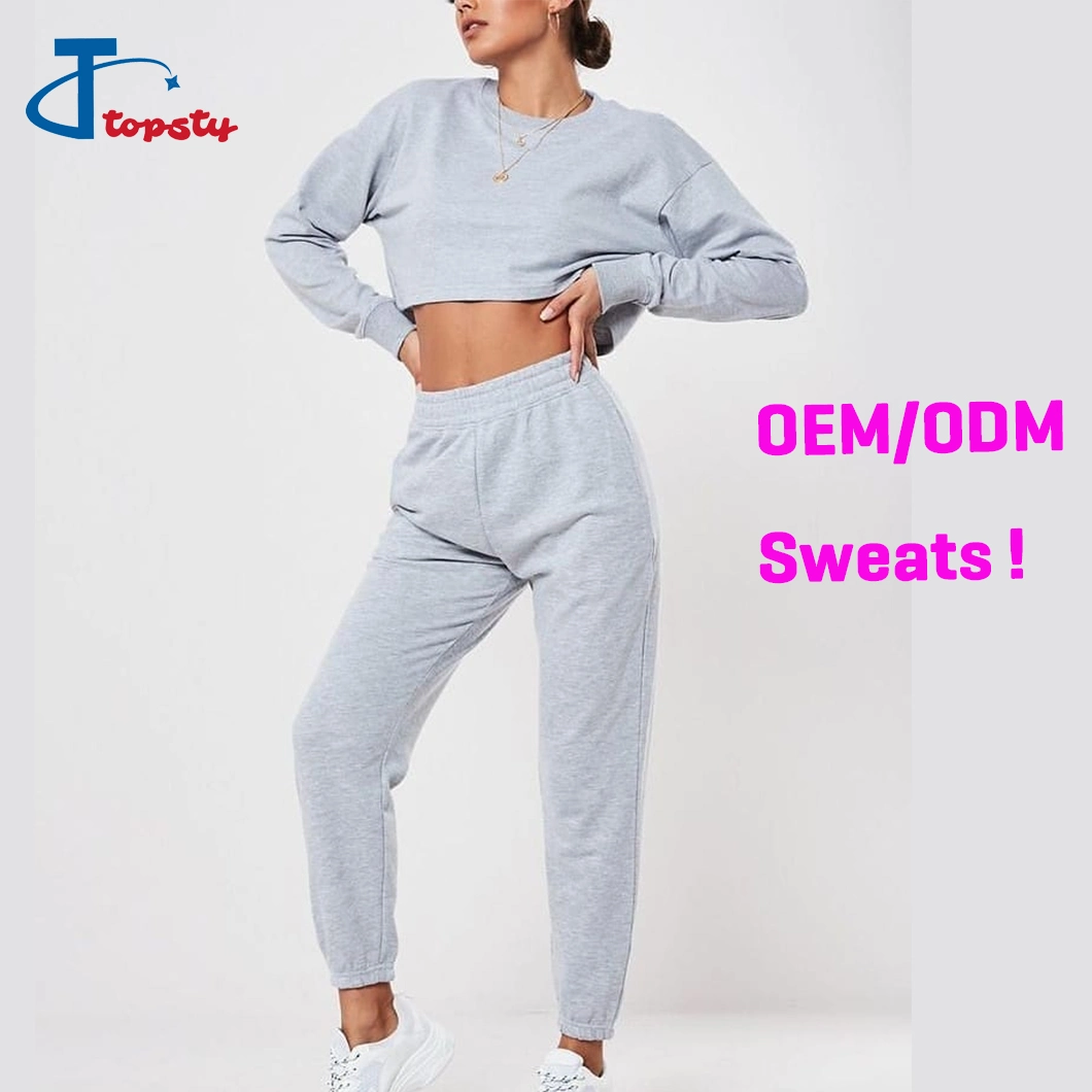 Custom Cotton Sweat Sets Heather Grey Fashion Women's Sweat Pants and Sweat Shirts