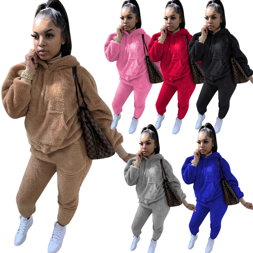 Thick Plus Size Two Piece Pants Set Fall and Winter Women's Clothing Velvet Hooded Sweatshirt Pants Women Two-Piece Jogger Set