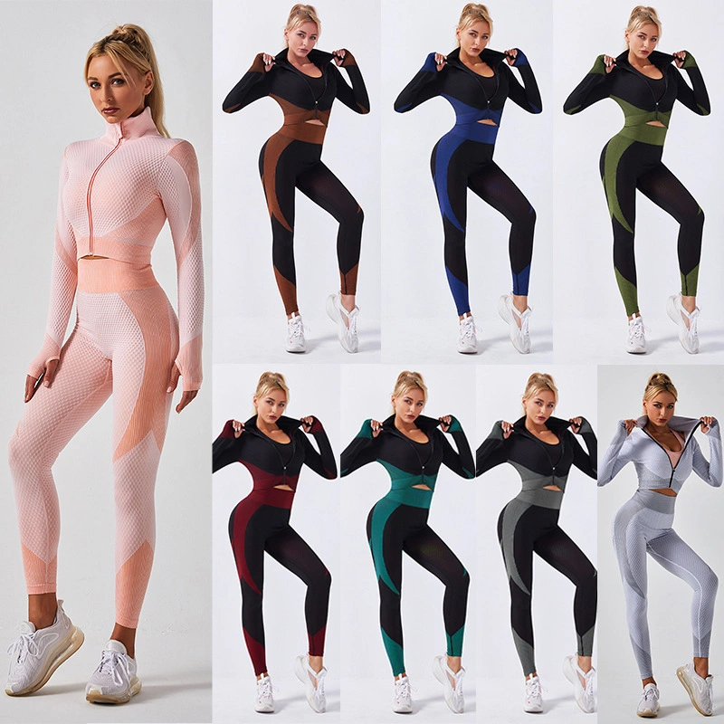 2021 New Arrival High Waist Sport Fitness Seamless Activewear Girls Fitness Yoga Wear Long Sleeve Bra Legging Yoga Set with Zip