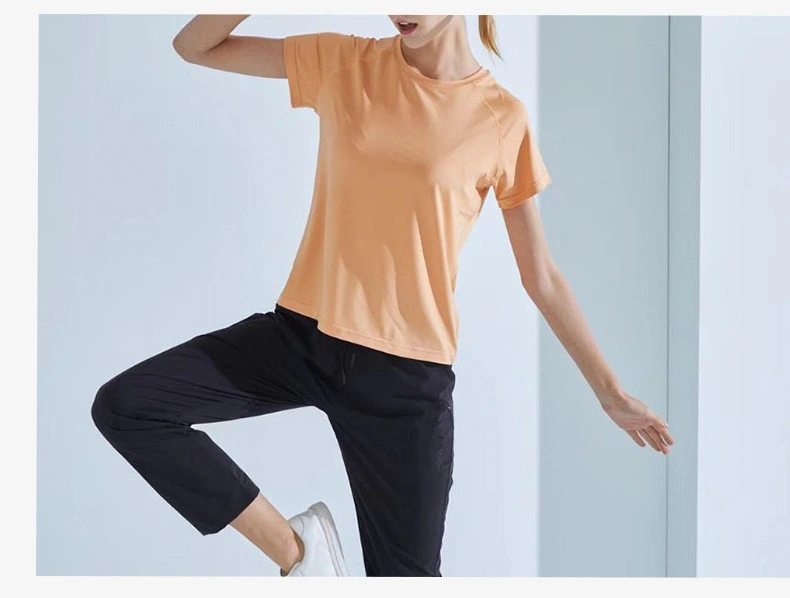 Solid Color Summer Round Neck Short Sport Cotton T-Shirt for Women
