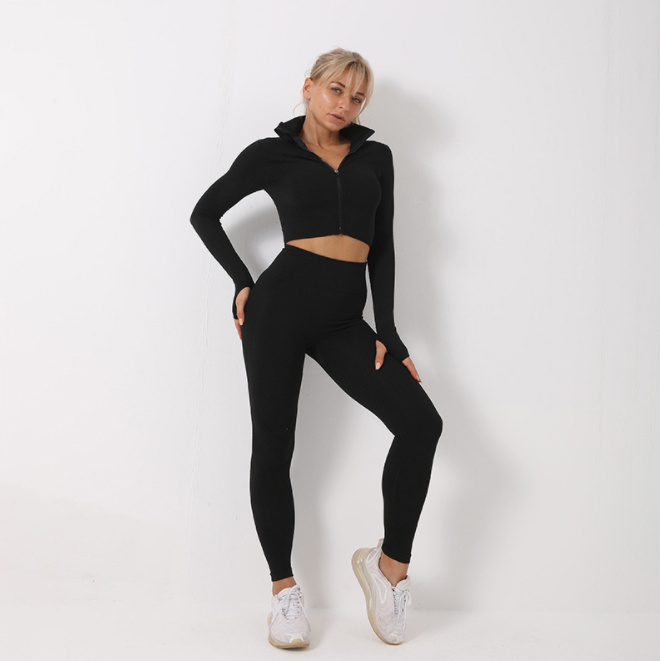 New Fall Winter Women 3PCS Yoga Wear Set Yoga Sports Suits Seamless Gym Leggings Long Sleeve Crop Top Jacket Fitness Sportswear Tracksuit