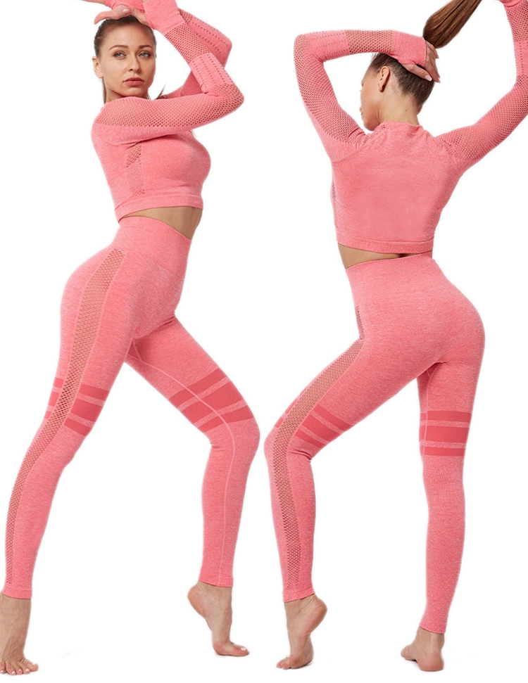 Solid Mesh Woman Workout Clothing Suit Long Sleeve Breathable Tight Yoga Leggings