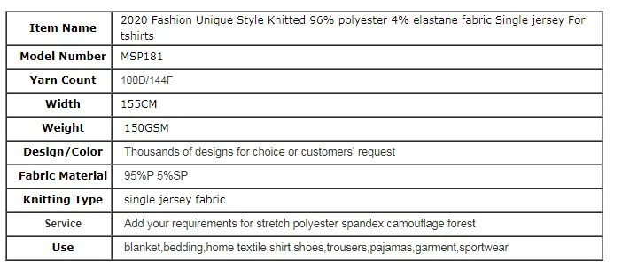 2020 Fashion Unique Style Knitted 96% Polyester 4% Elastane Fabric Single Jersey for T-Shirts