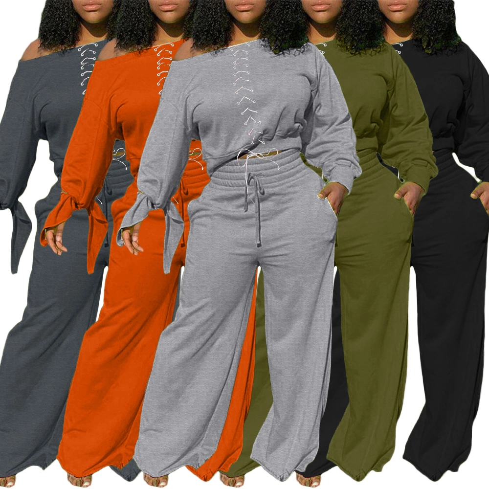 L284599 Fall Clothing 5colors Plus Size Casual Bandage Knotted Blouse and Wide-Leg Pants