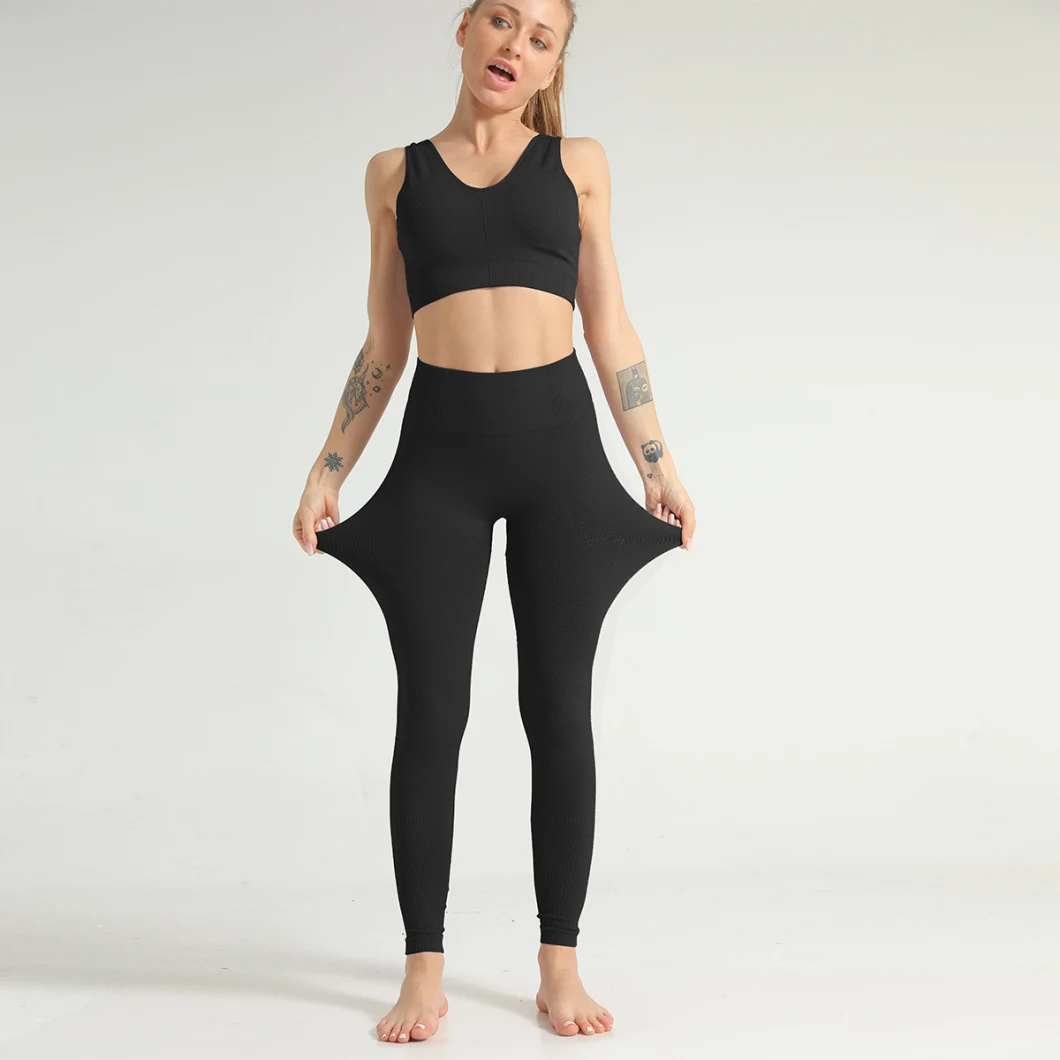 Seamless Yoga Sets for Women Fitness Seamless Striped Jacquard Stitching Push up Leggings Sleeveless