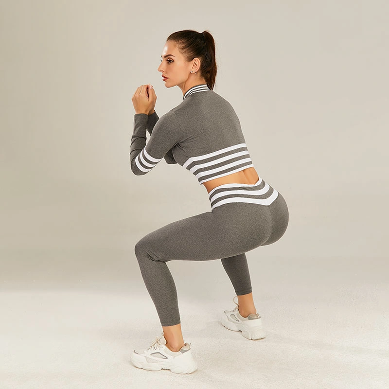 Seamless Workout Set High Waist Long Sleeve Crop Top Sports Legging Sets Two Piece Crop Yoga Cropped Jogging Set for Women