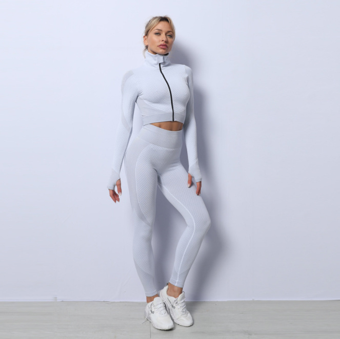 New Fall Winter Women 3PCS Yoga Wear Set Yoga Sports Suits Seamless Gym Leggings Long Sleeve Crop Top Jacket Fitness Sportswear Tracksuit