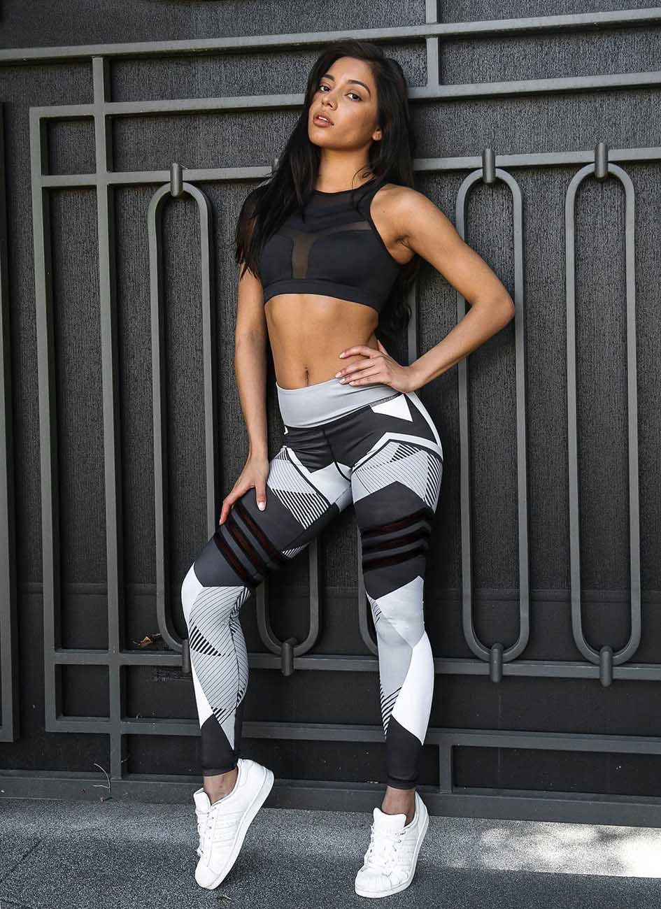 New Mesh Pattern Print Fitness Leggings for Women Sporting Workout Leggins Trousers Slim Black White Pant