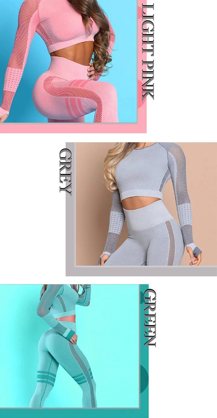 Solid Mesh Woman Workout Clothing Suit Long Sleeve Breathable Tight Yoga Leggings