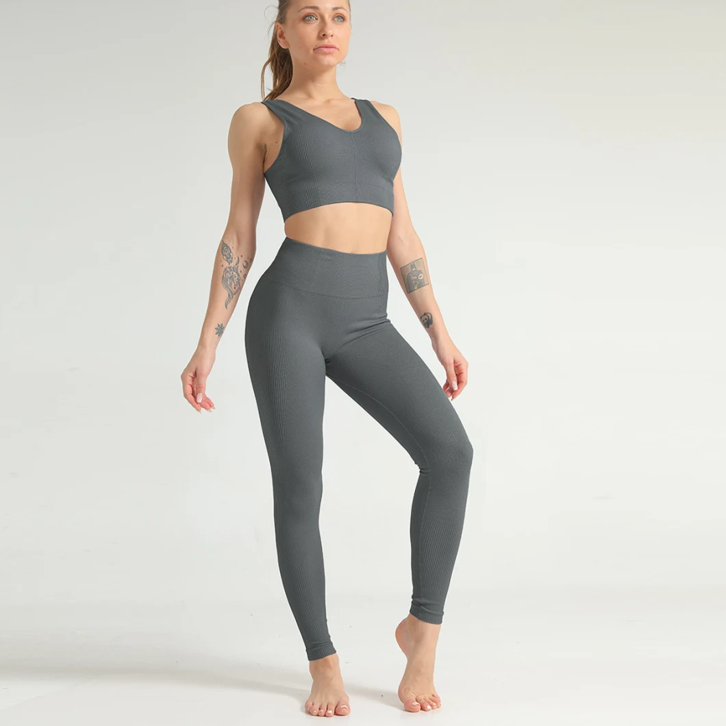 Seamless Yoga Sets for Women Fitness Seamless Striped Jacquard Stitching Push up Leggings Sleeveless