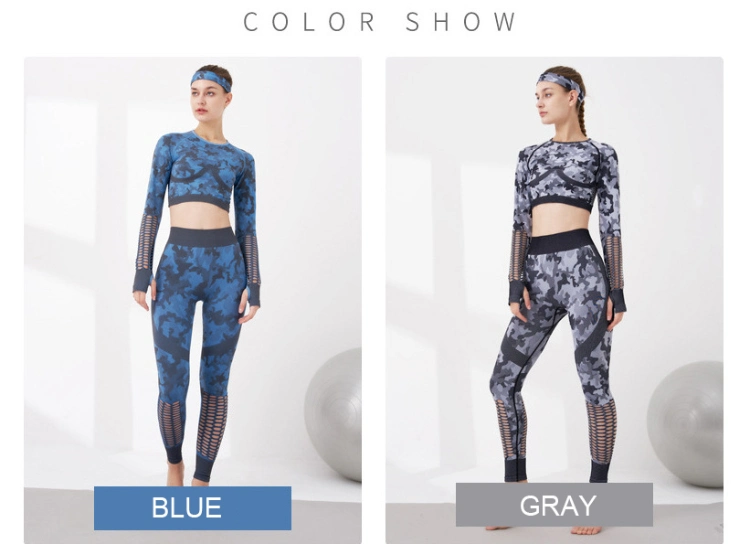 Wholesale Blue Fitness Camo Female Seamless Yoga Short Set Long Sleeve Crop Leggings