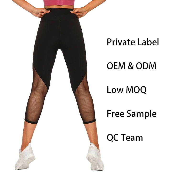 Custom Black Capris Mesh High Waist Yoga Pants Fitness Clothing Gym Legging for Women