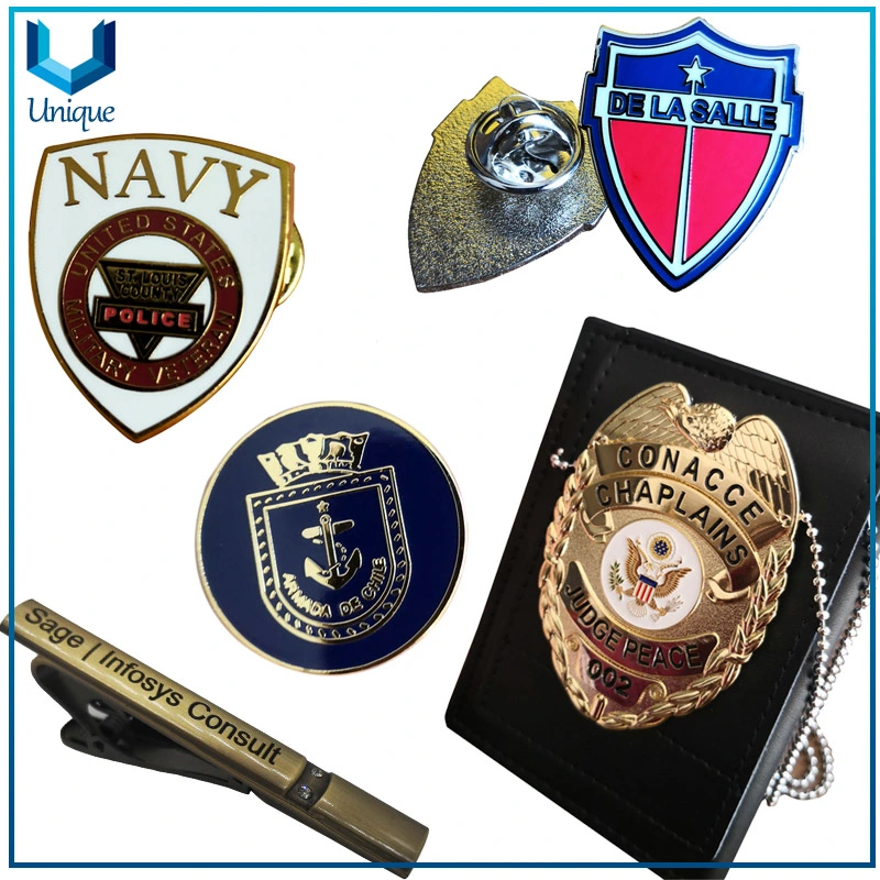 Custom Button Badge Factory High Quality Copper Security Office Badge Custom Police Badges W/ Leather Holder&Ball Chain