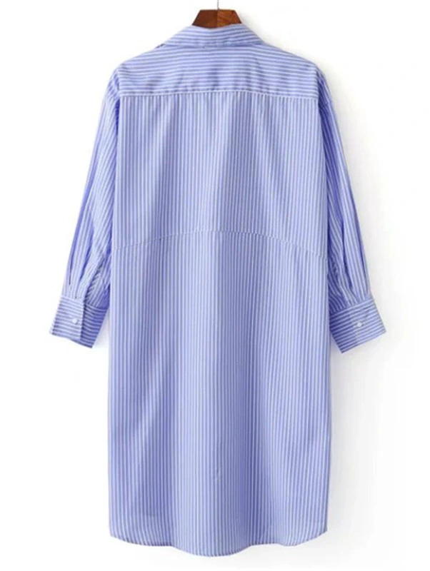 Blue Striped Flower Embroidered Applique Office Shirt Dress