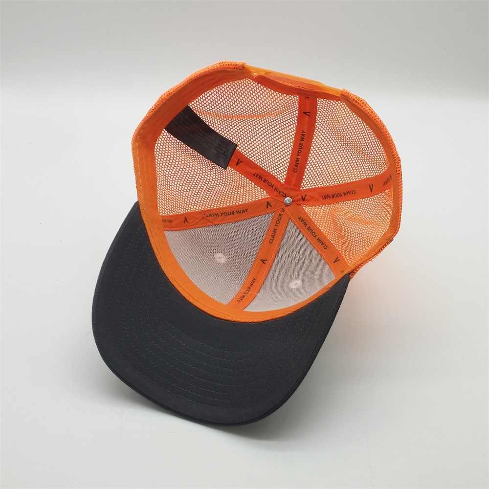 Hip Hop Sports Custom Printed Patches Woven 6 Panel Stylish Mesh Trucker Orange Hat Caps OEM