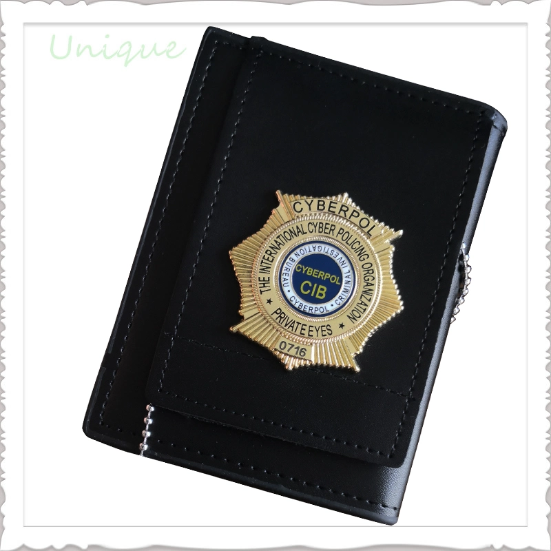 Custom Button Badge Factory High Quality Copper Security Office Badge Custom Police Badges W/ Leather Holder&Ball Chain