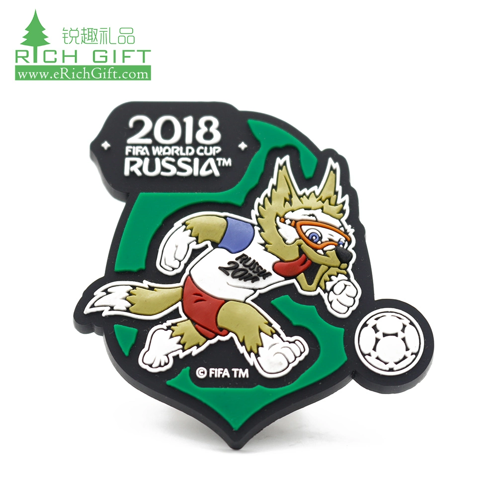 China Manufacturer Cheap Eco Friendly Custom Adhesive ID Name World Cup Football Silicone Patch Soft PVC Embossed Logo Sport Rubber Pin Badge for Clothing