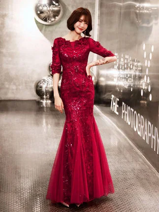 Red Lace Bridesmaid Gown Mermaid Sequins Prom Party Prom Dresses A5702