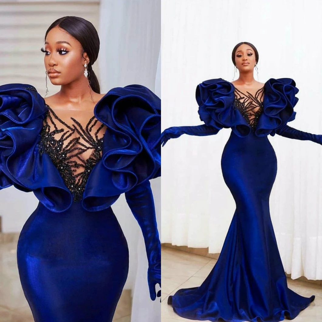 Blue Formal Prom Gowns Mermaid Satin Costumes Prom Evening Dress Z103