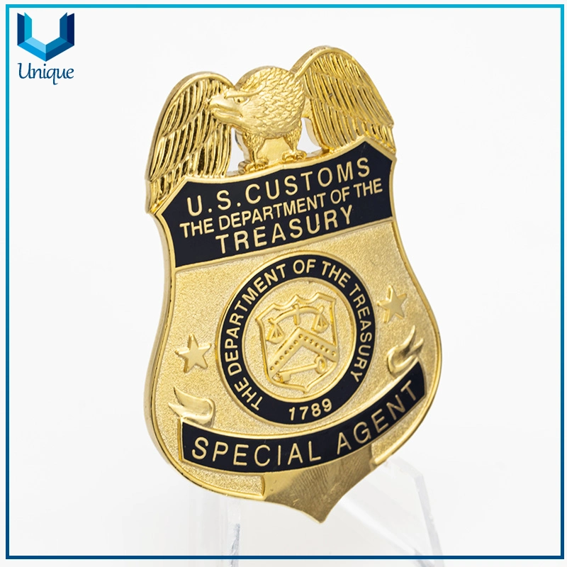 Factory Wholesale Custom Metal Police Badge with Engraving Number, Die Struck Copper Enamel Millitary Badge with Genuine Leather Holder