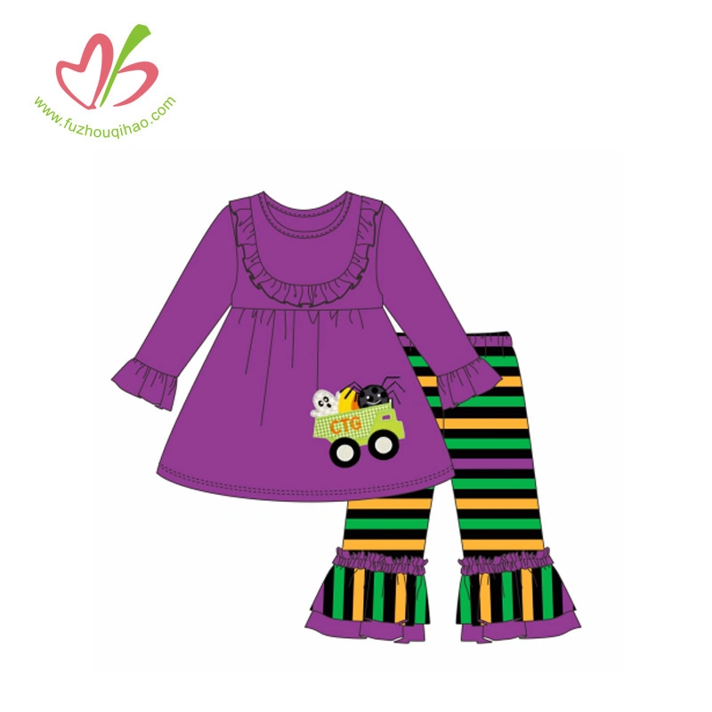 Halloween Printing Girl Outfits with Pumpkin Applique