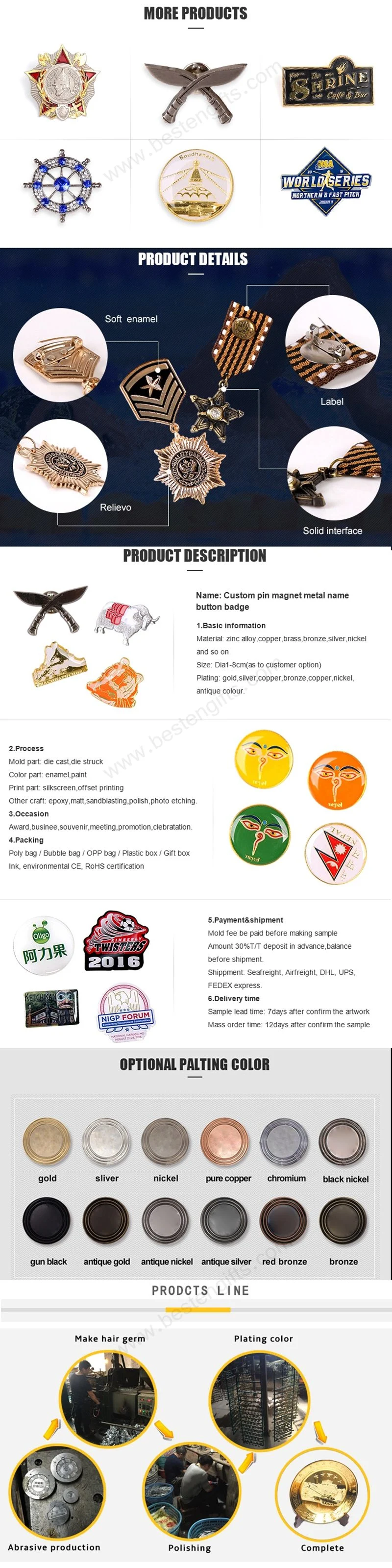 Custom Soft Hard Enamel Metal Badge Army /Flag /Football /Magnetic Name /Police /Car Lapel Pin Badge