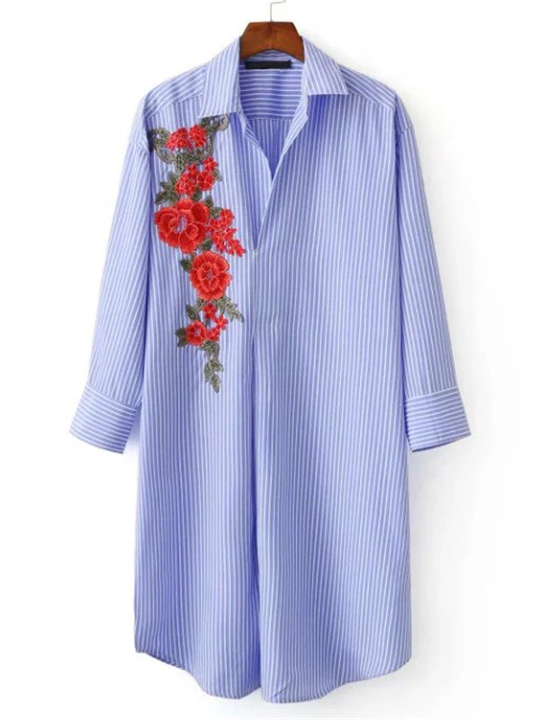 Blue Striped Flower Embroidered Applique Office Shirt Dress