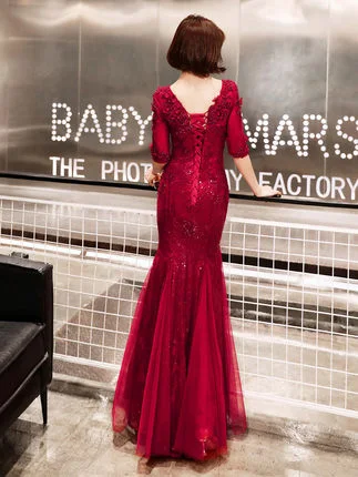 Red Lace Bridesmaid Gown Mermaid Sequins Prom Party Prom Dresses A5702