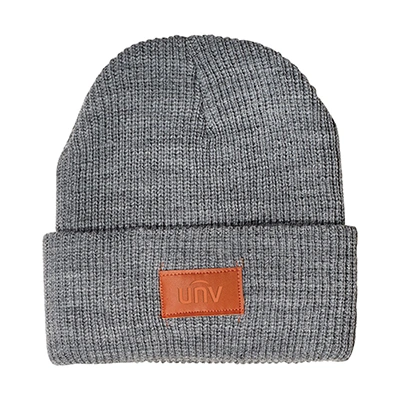 Winter Acrylic Knitted Cap Rib Woven Badge Beanie, PU Faux Leather Patch on Rib Knit Beanie