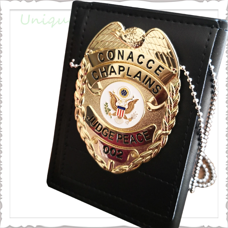 Factory Wholesale Custom Metal Police Badge with Engraving Number, Die Struck Copper Enamel Millitary Badge with Genuine Leather Holder