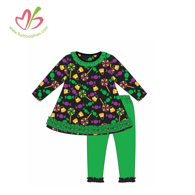 Halloween Printing Girl Outfits with Pumpkin Applique