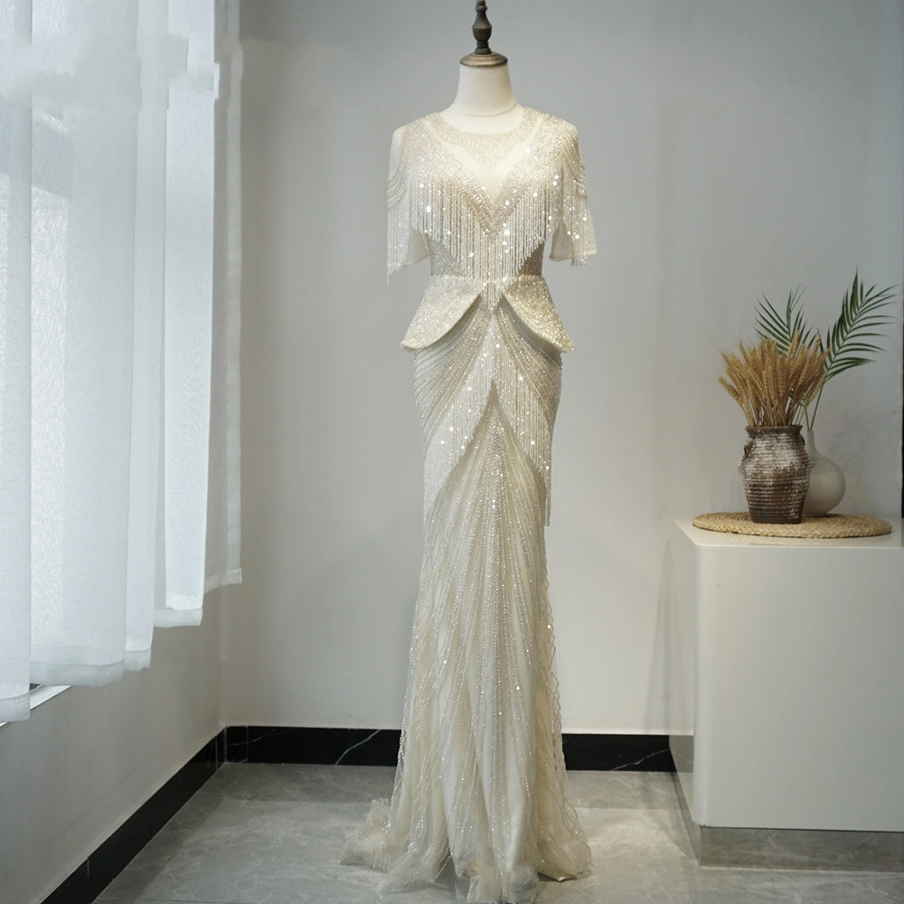 Short Sleeve Prom Prom Gowns Beading Tassels Evening Dress W147196