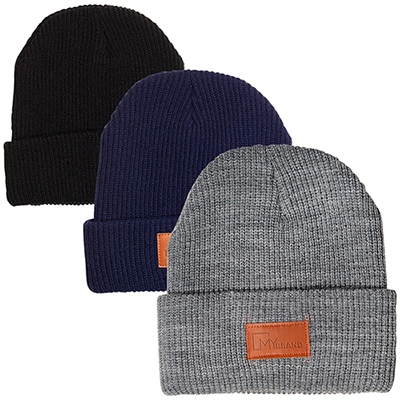 Winter Acrylic Knitted Cap Rib Woven Badge Beanie, PU Faux Leather Patch on Rib Knit Beanie